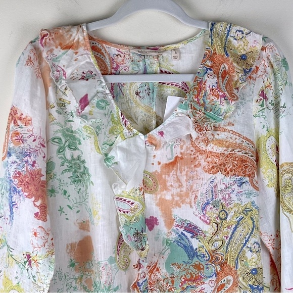 Soft Surroundings | Feminine Cottagecore  Linen Watercolor Ruffle Blouse | M - Picture 3 of 12
